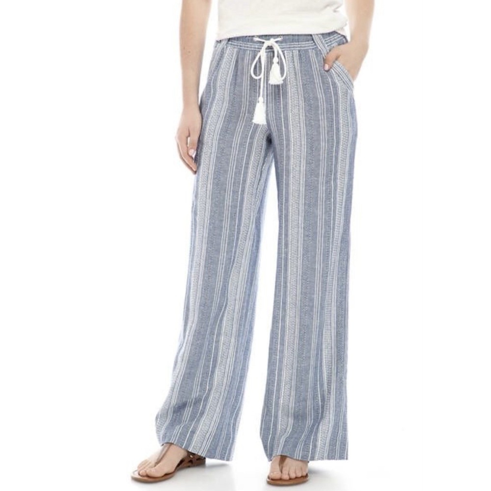 Jolt Womens Linen Blend Drawstring Pants Blue Stripe Wide Leg Beachy Coastal XL